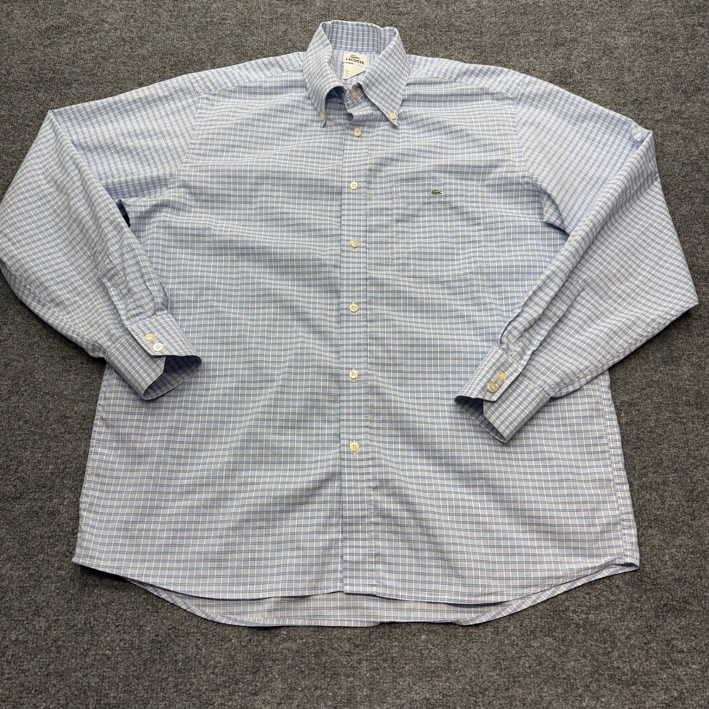 Lacoste Mens Blue White Tattersall Check Button Down Shirt Size 44 XL Logo